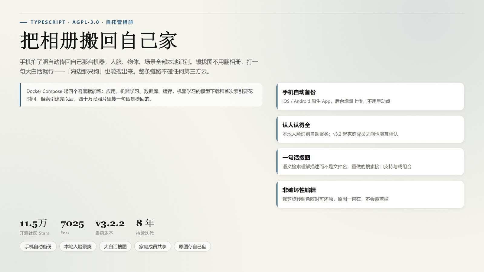 Immich：11.5 万 Star 的自托管相册，照片存回自己家，一句话就能搜图