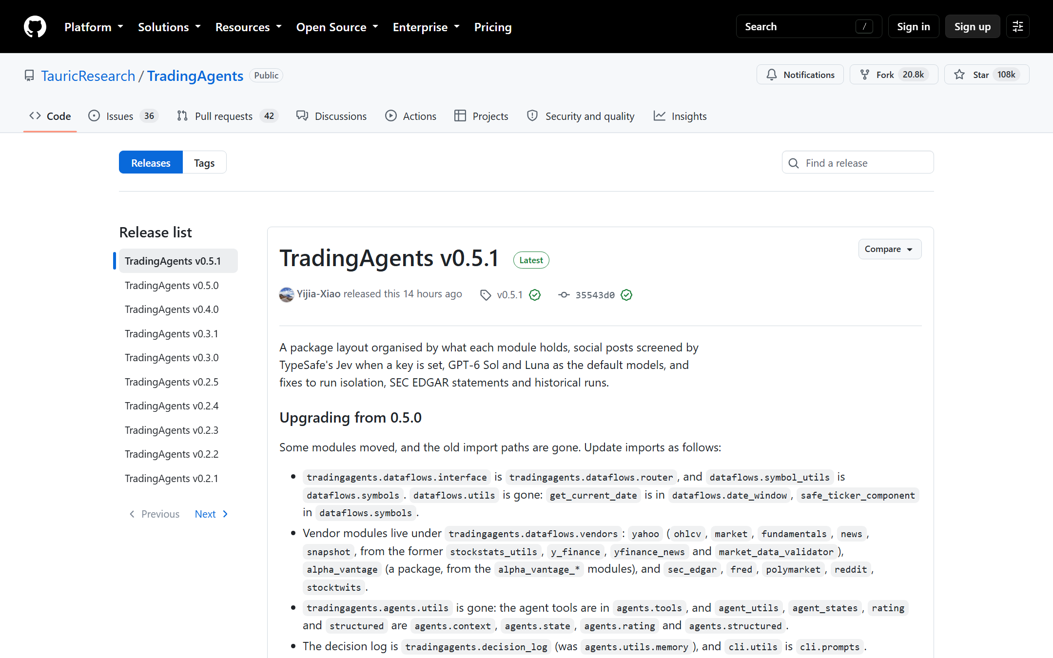 TradingAgents Releases 页面
