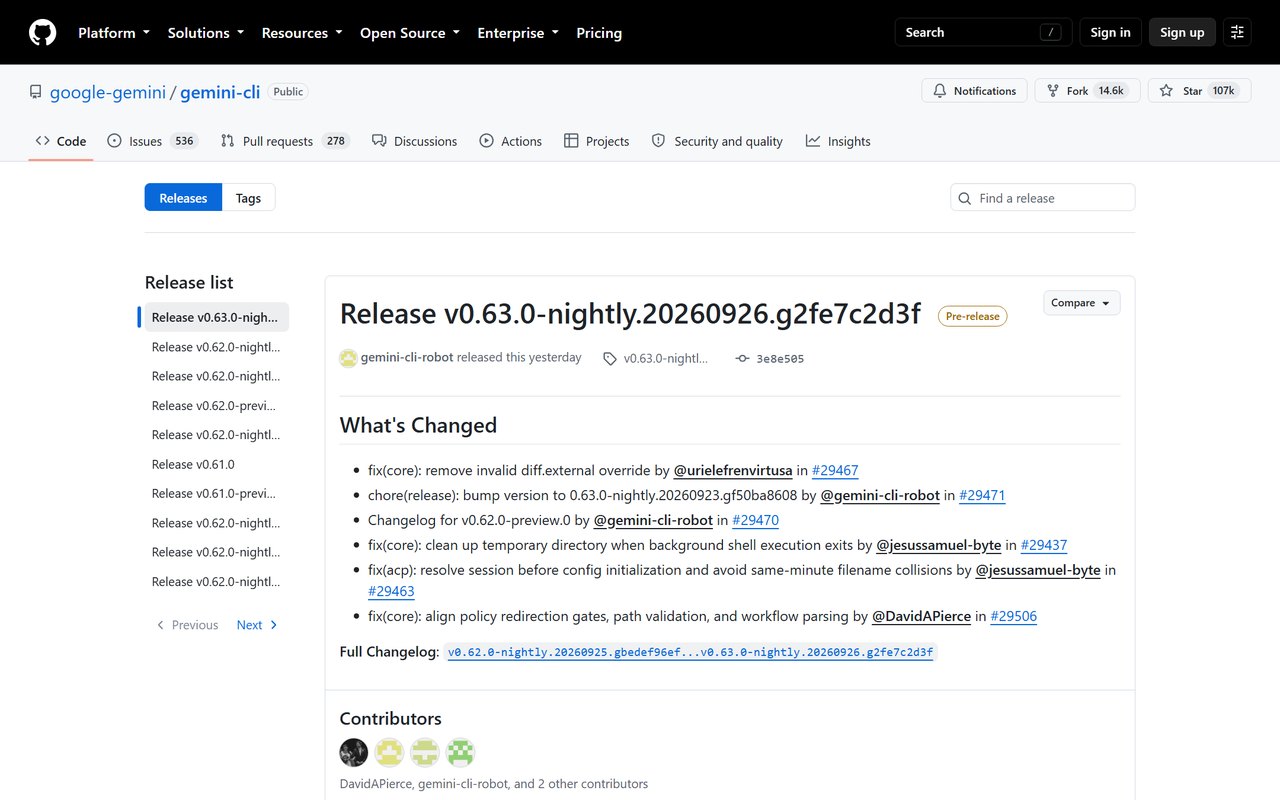 Gemini CLI Releases 页面