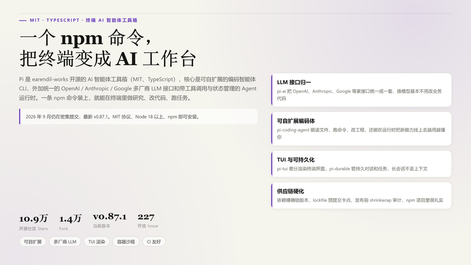 Pi：10.9 万 Star 的 AI 智能体工具箱，一条 npm 命令把终端变成可自扩展的编码助手