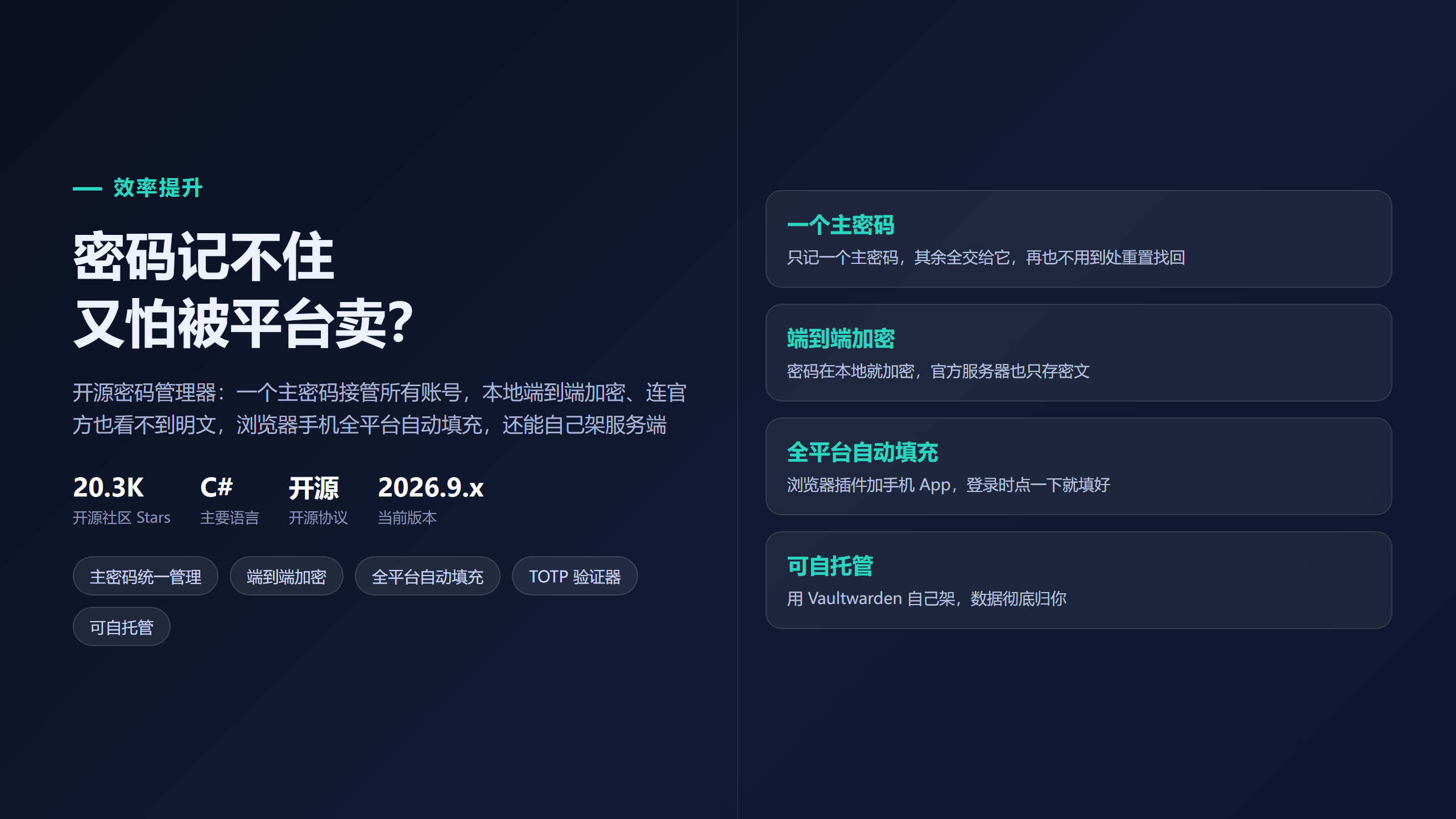Bitwarden：一个主密码接管所有账号，端到端加密还能自己架服务端